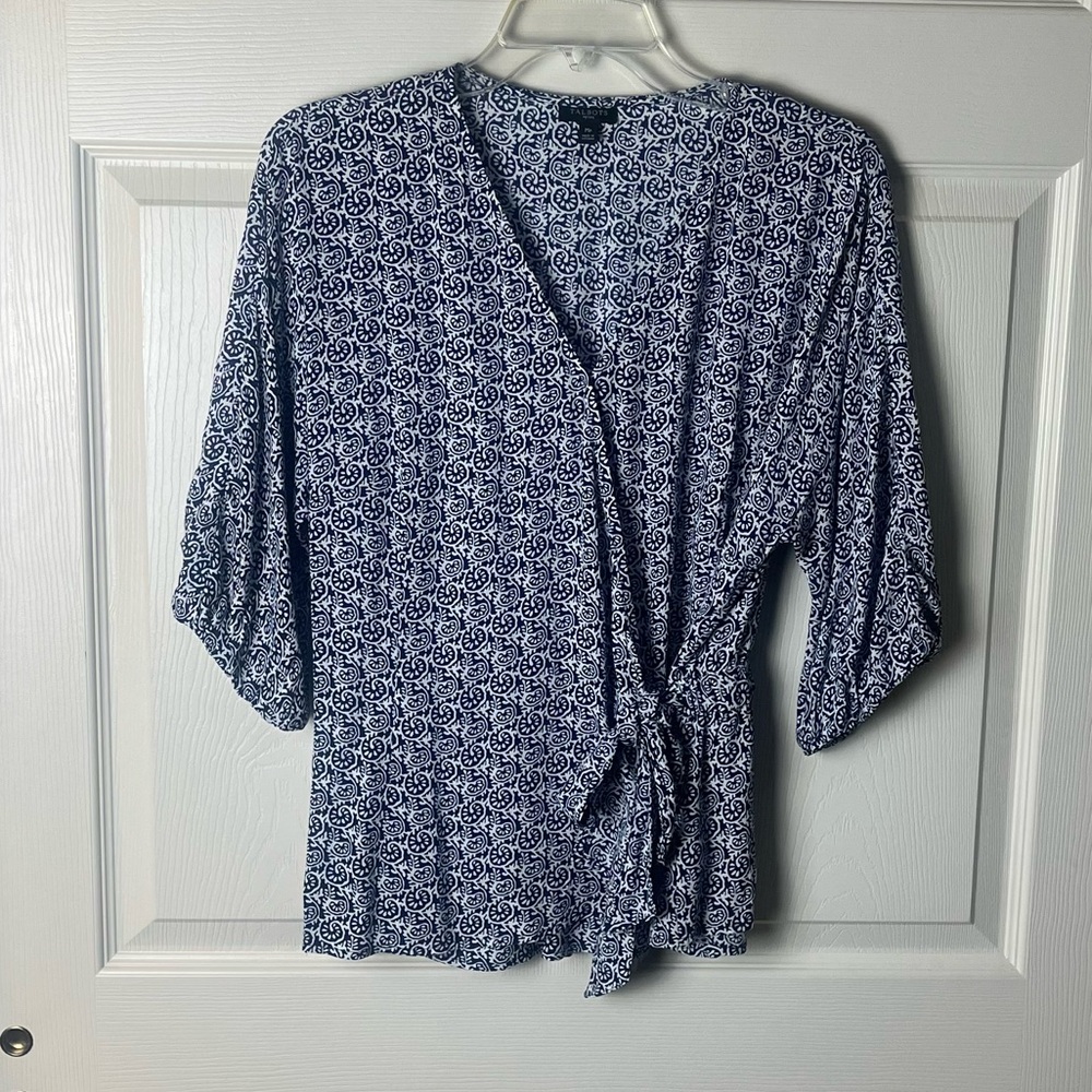 Talbots Petite Navy & White Printed Blouse
